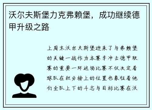 沃尔夫斯堡力克弗赖堡，成功继续德甲升级之路